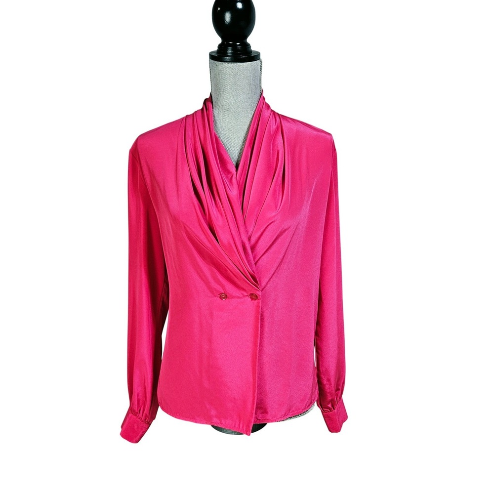 Anna Kriste Womens Fuchsia Draped Shawl Collar Satin Blouse 8 Vtg USA Barbiecore